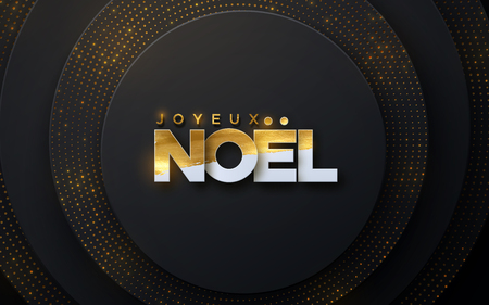 Joyeux Noel. Merry Christmas. Vector typography illustration. Holiday decoration of white paper letters textured with golden paint on black layered background. Festive banner designのイラスト素材