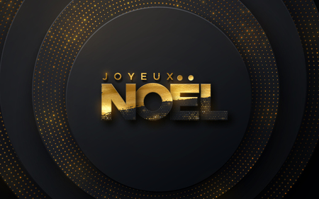 Joyeux Noel. Merry Christmas. Vector typography illustration. Holiday decoration of black paper letters textured with golden paint and shimmering glitters. Festive banner design.のイラスト素材