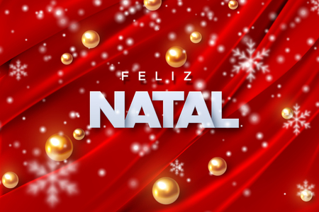 Feliz Natal. Merry Christmas. Vector illustration. Holiday decoration of white paper letters, golden pearl spheres, snowflakes on red silk fabric background. Festive banner designのイラスト素材