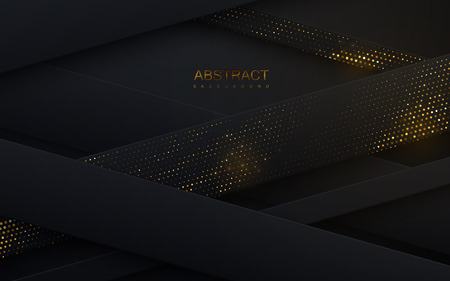Black paper cut background. Abstract papercut decoration with layers or ribbons wixtured with golden glitters. 3d backdrop. Vector illustration. Material design concept. Minimalist cover templateのイラスト素材