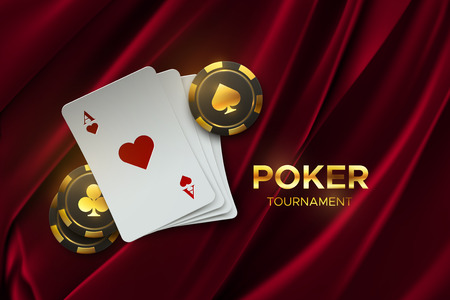 Poker tournament. Vector illustration. Four playing cards with gambling chips on velvet fabric background. Casino banner conceptのイラスト素材