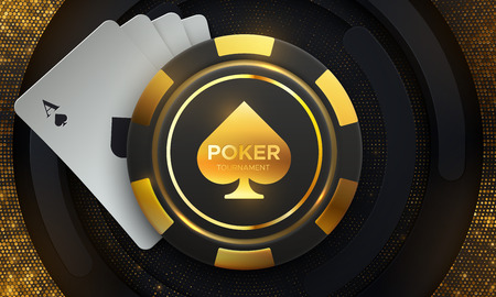 Poker tournament. Vector illustration. Four playing cards with gambling chips on black background with shimmering glitters. Casino banner concept.のイラスト素材