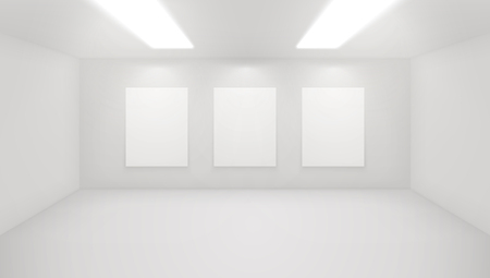 Modern art gallery interior. Vector architectural illustratrion of museum hall. Exposition space with minimal white walls. Exhibition studio mockup. Realistic indoor spaceのイラスト素材