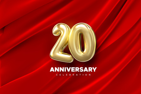 20 Anniversary celebration. Golden number 20 on red draped textile background. Vector festive illustration. Realistic 3d sign. Birthday or wedding party event decorationのイラスト素材
