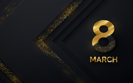 March 8. International Women's Day. Vector spring holiday illustration. Paper cutout number eight with golden paint and glitters on black background. Modern banner design. Feminism conceptのイラスト素材