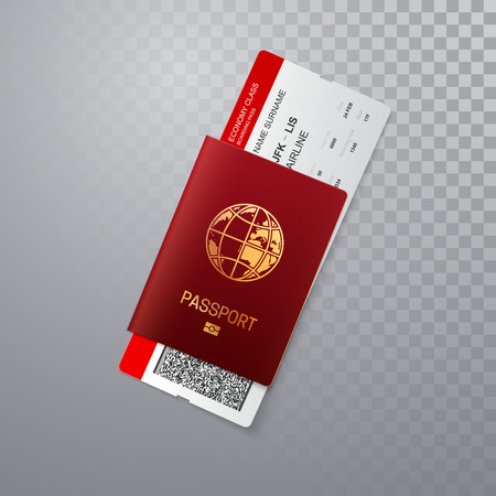International passport with boarding pass. Vector illustration of pass or ID with flight ticket isolated on transparent background. Travel or business trip conceptのイラスト素材