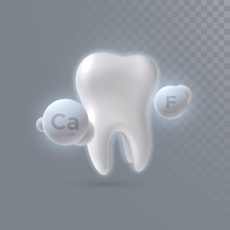 Realistic 3d tooth with calcium and fluorine particles isolated on transparent background. Vector dentistry illustration. Medical or healthcare concept. Whitening treatment. Teeth protection.のイラスト素材