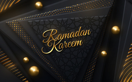 Ramadan Kareem. Modern cover design. Vector islamic illustration. Holiday banner design. Muslim month Ramadan cover design. Black and gold banner with geometric shapes and traditional girih patternのイラスト素材