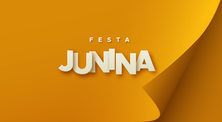Festa Junina. Vector holiday illustration. Paper letters sign on orange paper sheet with curled corner. Minimal composition. Abstract background. Brazilian festive event. Party invitation posterのイラスト素材
