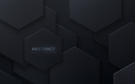 Modern cover design. Vector illustration. Ad banner design. Abstract background. Black geometric shape textured with golden shimmering glitters. Minimal composition with hex shapes. Layout designのイラスト素材