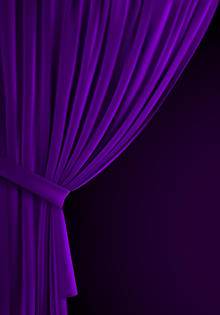 Purple curtain background. Realistic vector illustration. Textile drapes. Folded velvet fabric. Decoration element for design. Theater, cinema or home interior objectのイラスト素材