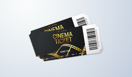 Black cinema tickets with golden film strip on white background. Vector realistic illustration. Movie admission. Coupon designのイラスト素材