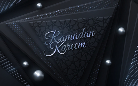 Ramadan Kareem. Modern cover design. Vector islamic illustration. Holiday banner design. Muslim holy month Ramadan cover design. Black banner with geometric shapes and traditional girih patternのイラスト素材