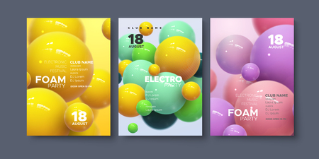 Electronic music festival ads poster. Modern club foam party invitation. Vector illustration with 3d abstract spheres. Dynamic colorful bouncing balls. Dance music event cover. Brochure templateのイラスト素材
