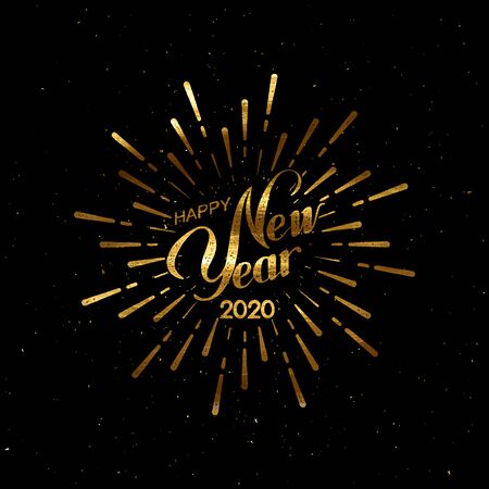 Happy 2020 New Year. Holiday Vector Illustration With Lettering Composition And Burst. Golden Textured Vintage Labelのイラスト素材