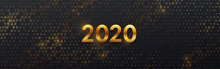 Happy New 2020 Year. Vector holiday illustration. Seasonal festive banner concept. Black background with golden numbers and typography halftone pattern. Greeting card or party invitation templateのイラスト素材