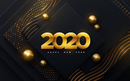 Happy New 2020 Year. Vector holiday illustration. Papercut golden numbers. Black geometric...