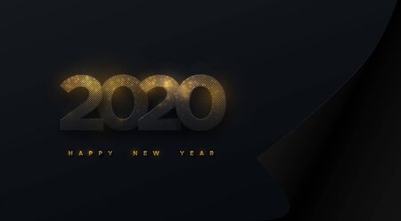 Happy New 2020 Year. Vector holiday illustration. Black numbers taxtured with golden glitters on curled paper sheet background. Festive event banner. Decoration element for poster or cover designのイラスト素材