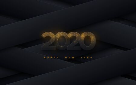 Happy New 2020 Year. Vector holiday illustration. Black paper numbers textured with golden glitters...