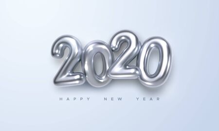 Happy New 2020 Year. Holiday vector illustration of silver metallic numbers 2020. Realistic 3d sign. Festive poster or banner designのイラスト素材
