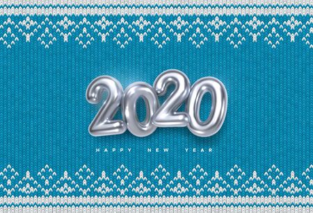 Happy New 2020 Year. Holiday vector illustration of silver metallic numbers 2020 on blue knitted background. Realistic sign. Yarn fabric with traditional ornament. Festive poster or banner designのイラスト素材