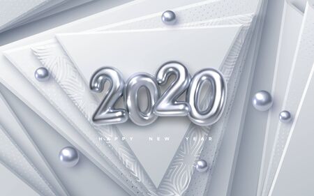 Happy New 2020 Year. Vector holiday illustration. Silver 3d numbers on white abstract background. Festive event banner. Geometric triangle shapes, spheres. Decoration element. Poster or cover designのイラスト素材