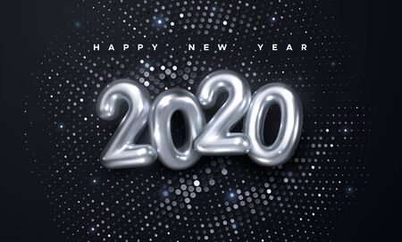 Happy New 2020 Year. Holiday vector illustration of silver metallic numbers 2019 and glittering halftone pattern. Realistic 3d sign. Festive poster or banner designのイラスト素材