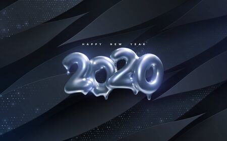 Happy New 2020 Year. Holiday vector illustration of silver metallic numbers 2020 on black paper cut background with glitters. Melted shiny characters. Realistic 3d sign. Festive poster, banner designのイラスト素材