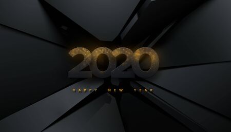Happy New 2020 Year. Festive party sign. Vector holiday illustration. Glittering paper numbers 2020 on black fractured background. Holiday banner design. Cover, poster or congratulation card templateのイラスト素材