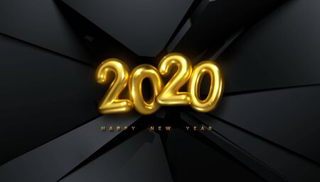 Happy New 2020 Year. Festive party sign. Vector holiday illustration. Golgen 3d numbers 2020 on black fractured surface background. Holiday banner design. Cover, poster or congratulation card templateのイラスト素材