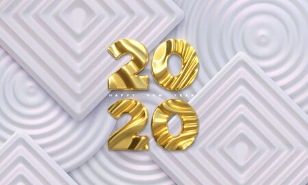 Happy New Year 2020. Holiday NYE event sign. Vector 3d illustration. Golden characters 2020 with...
