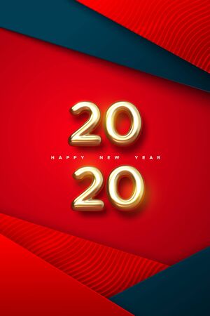 Happy New 2020 Year. Holiday vector illustration of golden metallic numbers 2020. Realistic 3d sign. Red papercut background with textured layers. Festive poster or stories template designのイラスト素材