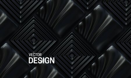 Tiled backdrop. Abstract geometric background. Vector 3d illustration. Black square shapes. Polygonal mosaic template. Minimal cover design. Vintage decoration elements for interior designのイラスト素材