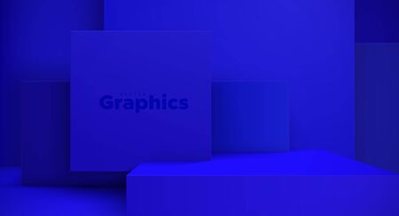 Minimal geometric interior. Vector 3d illustration. Modern studio space. Vivid blue background....