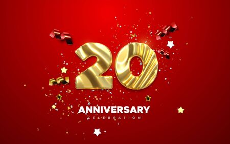 20th Anniversary celebration. Golden number 20 with sparkling confetti, stars, glitters and streamer ribbons. Vector festive illustration. Realistic 3d sign. Birthday or wedding party event decorationのイラスト素材
