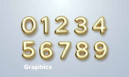 Golden numbers set. Vector 3d illustration. Realistic shiny characters. Isolated digits. Decoration elements for banner, cover, birthday or anniversary party invitation designのイラスト素材