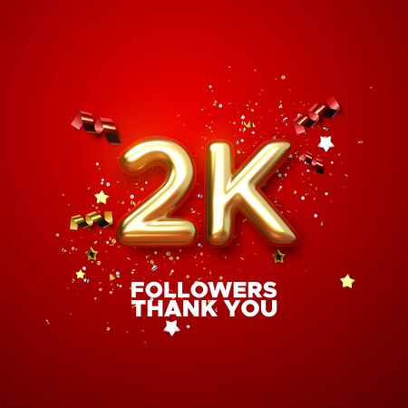 2 thousand. Thank you followers. Vector 3d illustration for blog or post design. 2K golden sign with confetti on red background. Social media festive banner.のイラスト素材