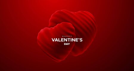 Happy Valentines Day. Couple of red velvet heart shapes. Vector holiday illustration. Love concept. Greeting card or festive poster design. Realistic 3d decorationのイラスト素材