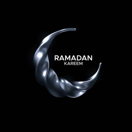 Ramadan Kareem. Vector religious illustration of silver twisted crescent moon. Muslim holy month Ramadan postcard design. Islamic holiday banner.のイラスト素材