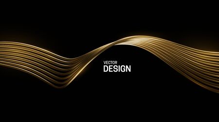 Abstract golden wave isolated on black background. Vector 3d illustration. Golden wires stream. Luxury flowing shape. Smooth liquid object. Minimal decoration element for designのイラスト素材