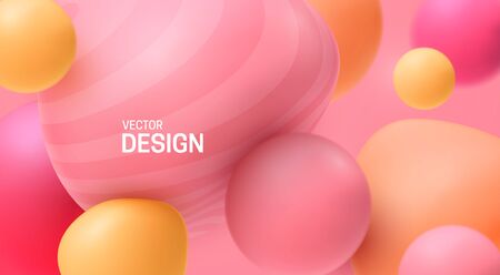 Abstract background with dynamic 3d spheres. Plastic pastel pink and yellow bubbles. Vector illustration of glossy soft balls. Modern trendy banner or poster designのイラスト素材