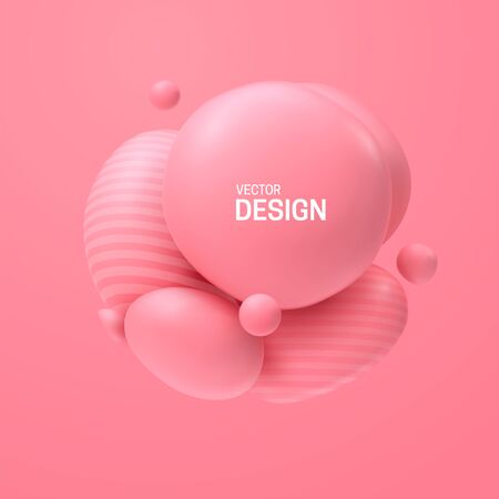 Abstract composition with 3d spheres cluster. Colorful glossy bubbles. Vector realistic illustration of pink soft balls. Trendy banner or poster design. Futuristic backgroundのイラスト素材