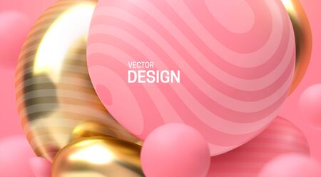 Abstract background with dynamic 3d spheres. Plastic pink and golden bubbles. Vector illustration of glossy soft balls. Modern trendy banner or poster design. Colorful cover templateのイラスト素材