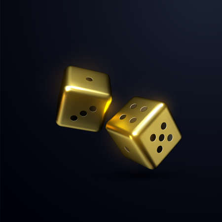 Golden dices isolated on black background. Vector realistic 3d illustration. Casino or gambling concept. Game sign. Shiny cubes.のイラスト素材