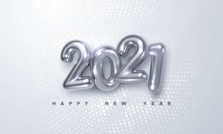 Happy New 2021 Year. Holiday vector illustration of silver metallic numbers 2021 and radial halftone pattern. Realistic 3d sign. Festive poster or banner designのイラスト素材