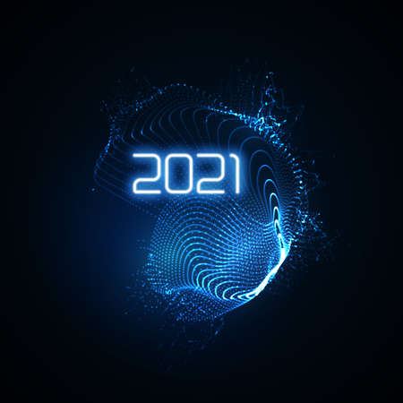 Happy New 2021 Year. Futuristic glowing neon light splash with bursting light rays. Vector holiday illustration. Festive New Year 2021 party sign. Decoration element for designのイラスト素材
