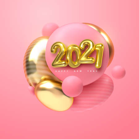 Happy New 2021 Year. Holiday vector illustration of golden 3d numbers 2021 and abstract pink and gold balls or bubbles. 3d sign. Festive poster or banner design. Party invitationのイラスト素材