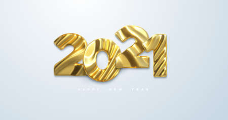 Happy New 2021 Year. Vector 3d illustration. Holiday NYE event sign. Golden metal characters 2021 with wavy sculpted pattern isolated on white. Festive banner or poster designのイラスト素材