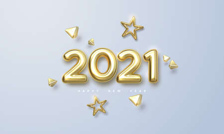 Happy New 2021 Year. Holiday vector illustration of golden metallic numbers 2021 and ornamental shapes. Realistic 3d sign. Festive poster or banner designのイラスト素材