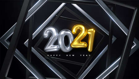 Happy New 2021 Year. Holiday vector illustration of silver and golden metallic numbers 2021 and...